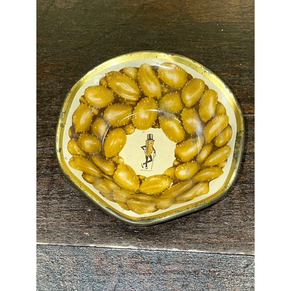 Vintage Mr Peanut Planters Tin Small Dish Trinket‎ Bowl Gold Tone